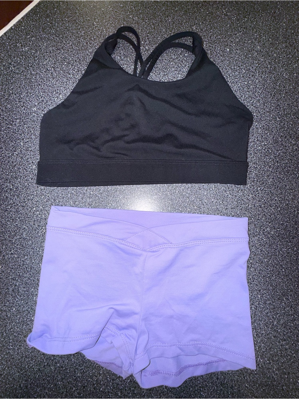 Dance Set Black Strappy Sports Bra & Lavender Shorts Size Child X-Large (12/14)